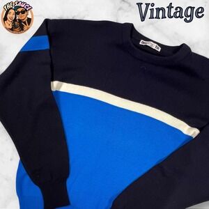 Vintage Obermeyer Men's Wool Color Block Sweater XL Blue Black Cream Ribbed Knit